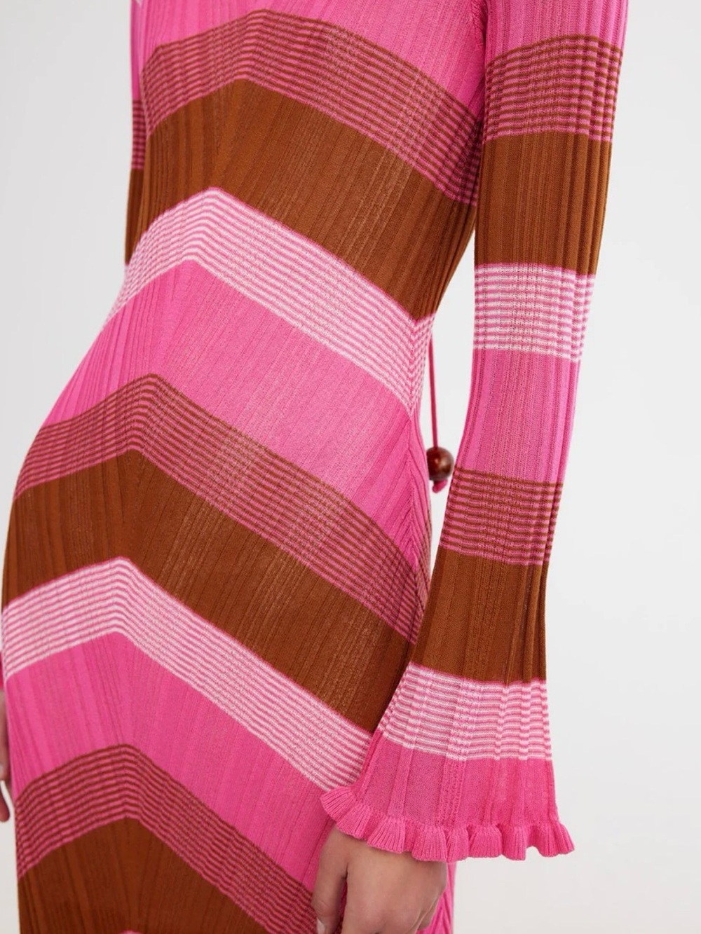 Ribbed Long-Sleeve Chevron Maxi Dress in Pink and Brown